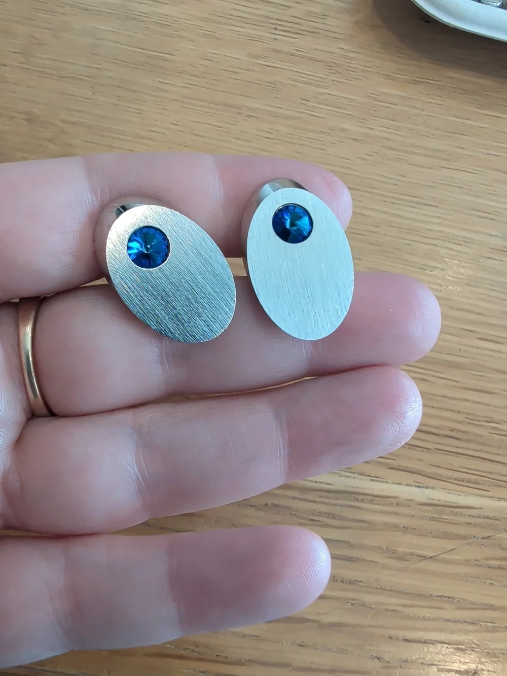 Vintage Brushed Silver Oval Cufflinks with Blue Crystal Accent By Sarah Coventry